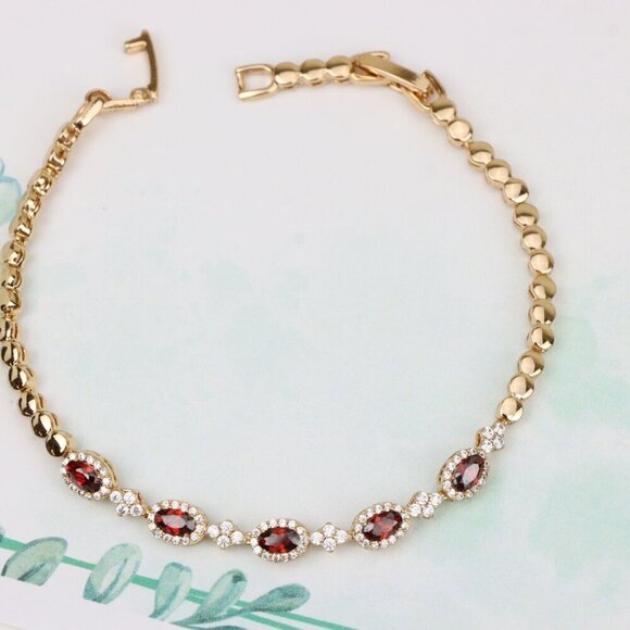 "Rose Gold Plated Red Oval Stone Bracelet with White Accents, XPBL0778 - Picture 6 of 11